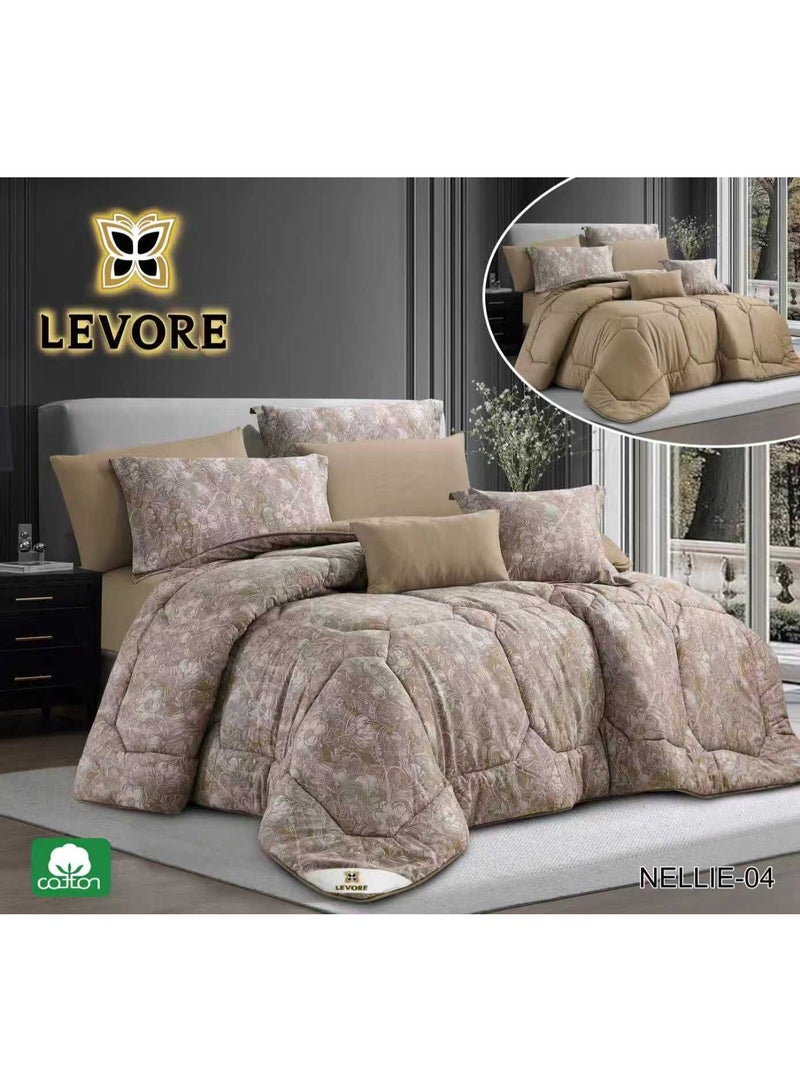 LEVORE 8-piece bedspread set, 100% soft cotton, floral pattern, double-sided, summer style, with filling and fasteners, suitable for king-size beds. NELLIE-04